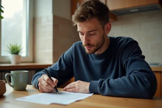 Jeune homme débutant remplissant un ticket EuroMillions Étoile+ à la table de sa cuisine