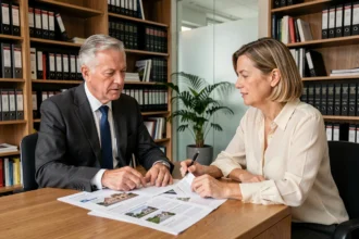 Conseiller financier expliquant le démembrement de SCPI à une cliente dans un bureau professionnel parisien