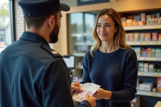 Une femme remet des billets en euros à un caissier dans un bureau de dépôt en espèces pour envoyer de l'argent sans compte bancaire