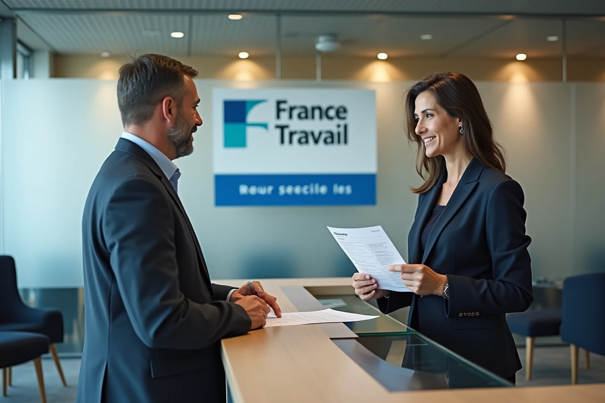 Homme d&eacute;posant un nouveau RIB &agrave; l'accueil d'une agence France Travail avec une conseill&egrave;re