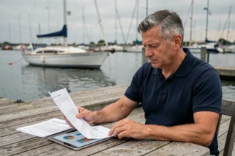 Homme comparant des devis d'assurance bateau à la marina avec des documents et une tablette