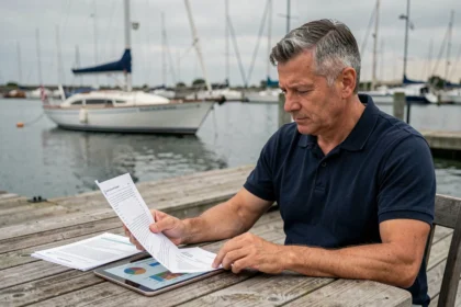 Homme comparant des devis d'assurance bateau à la marina avec des documents et une tablette