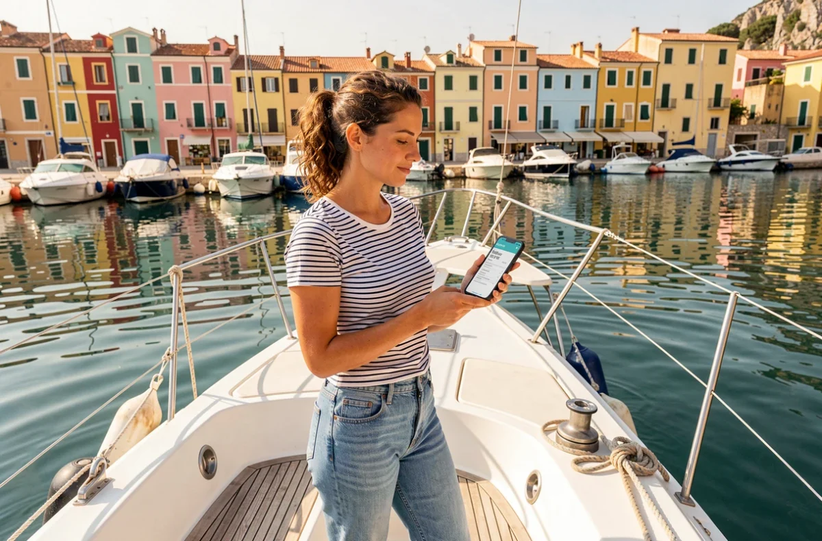 Femme consultant un devis d'assurance bateau sur smartphone à bord d'un bateau à moteur