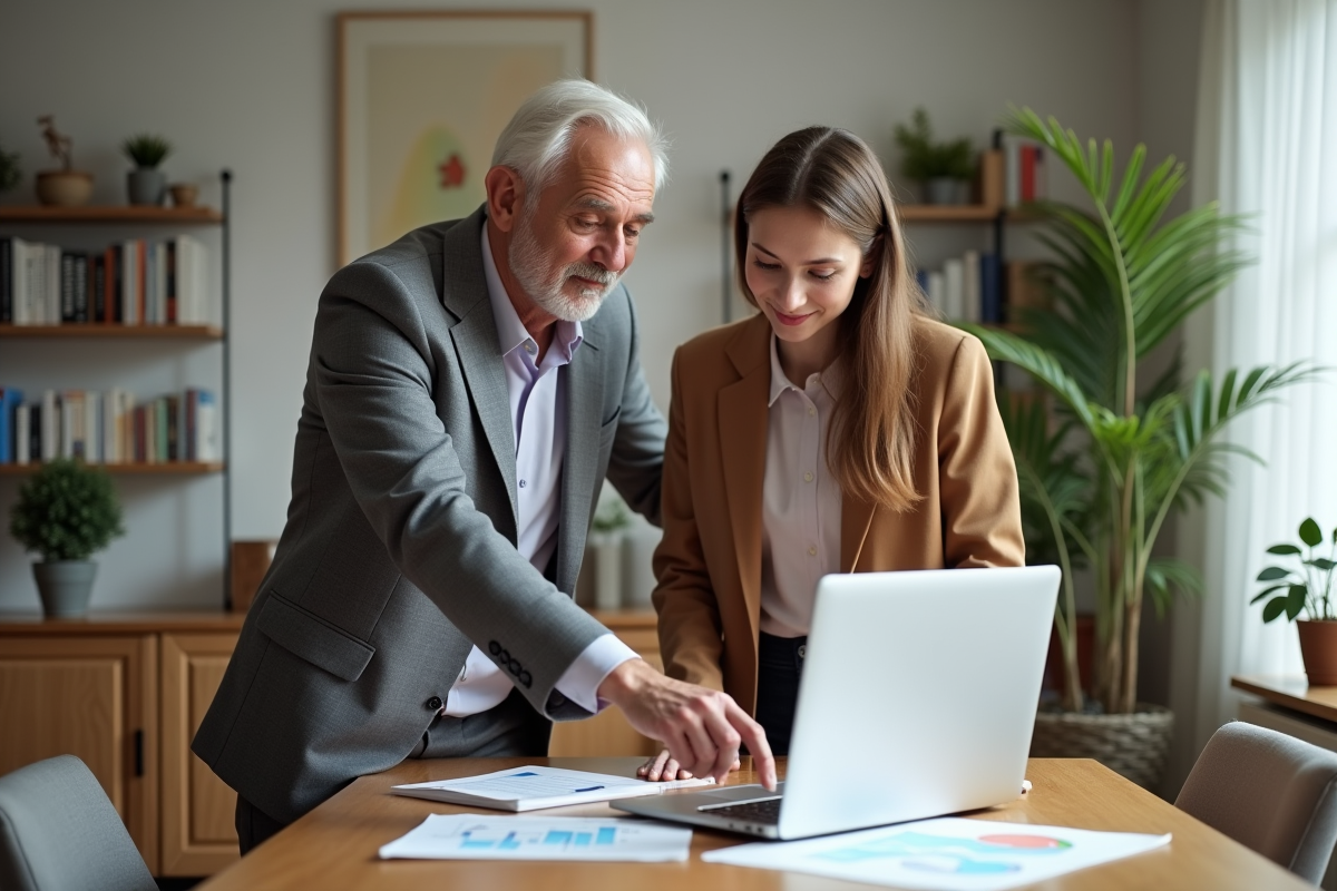 Homme et jeune femme discutant de finances à la maison