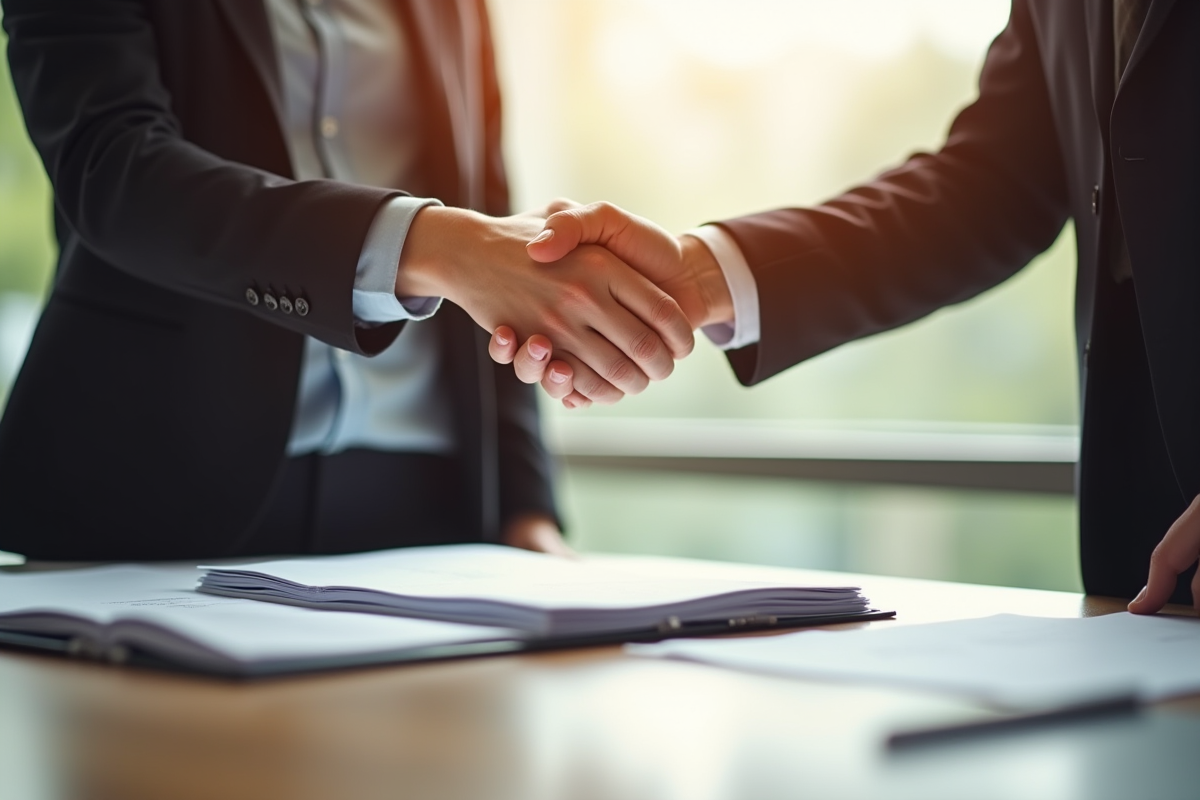 Homme et femme d'affaires serrant la main sur un bureau lumineux