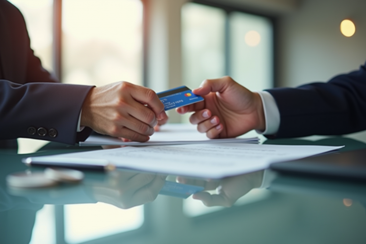 Deux mains échangeant une carte bancaire et un avis juridique