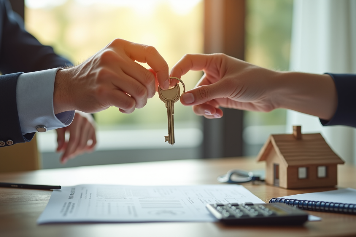 Main échangeant une clé devant une maison miniature et documents