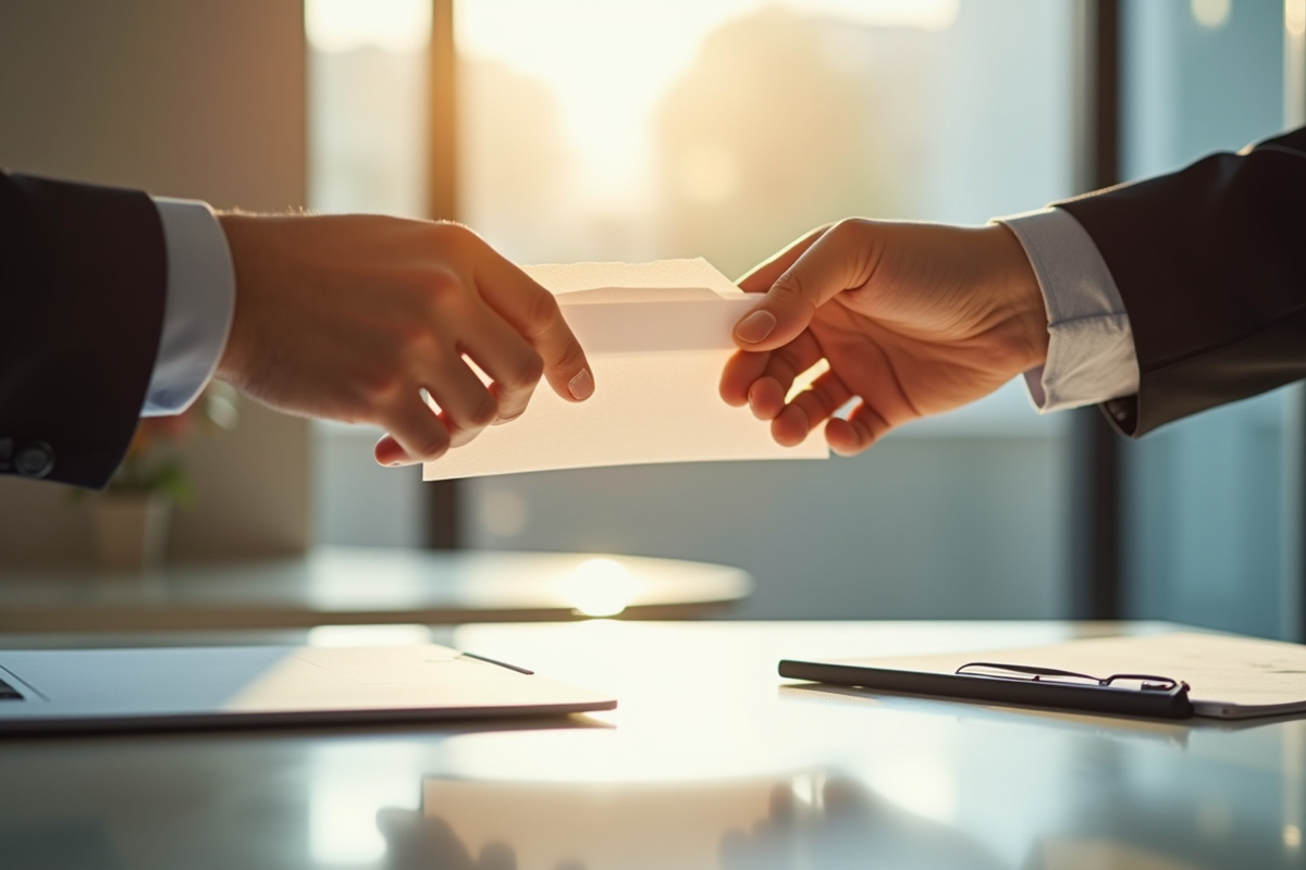 Deux mains échangeant une enveloppe avec des documents officiels dans un bureau