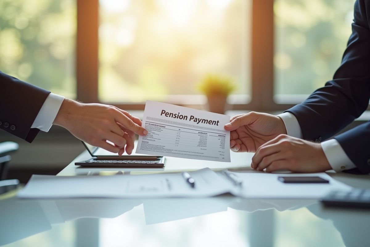 Mains échangeant un formulaire de paiement de pension dans un bureau ensoleille