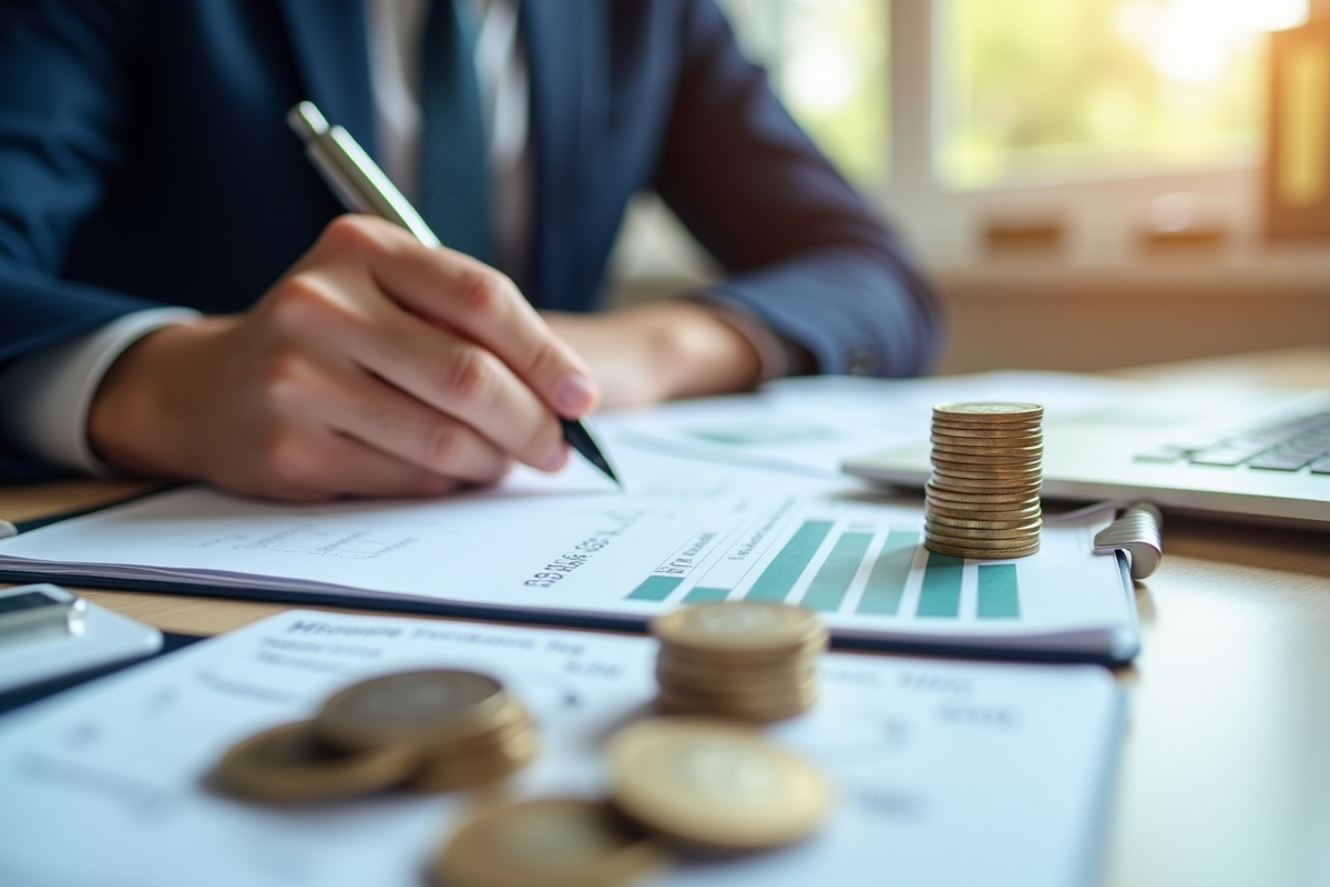 Main d'un économiste écrivant dans un registre financier avec pièces et billets
