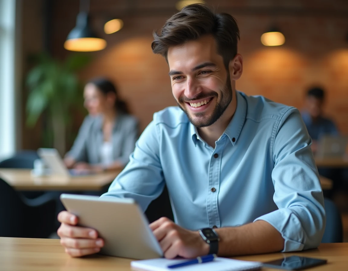 Employé consultant ses bulletins de paie en ligne sur tablette dans un espace de coworking