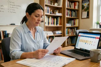 Enseignante consultant ses documents de paie et un calendrier 2026 dans la salle des professeurs