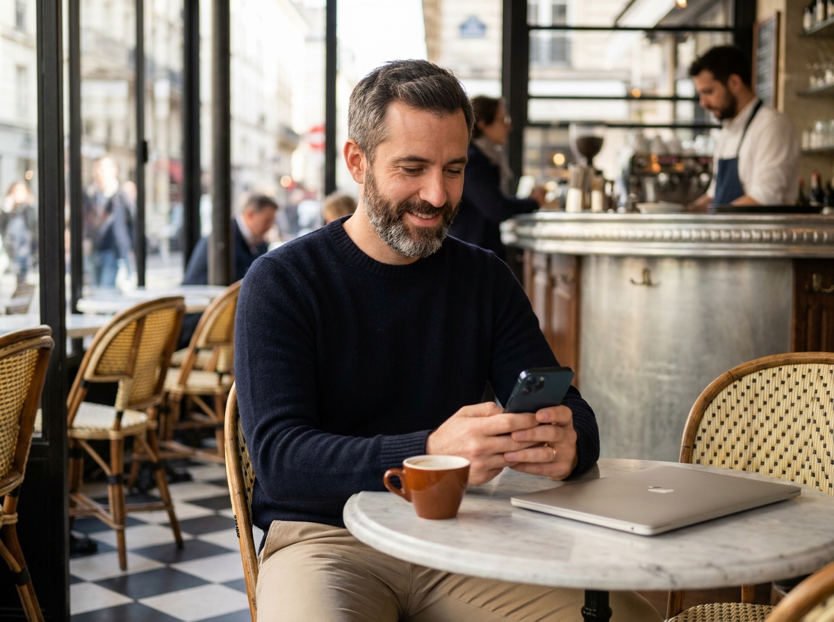 Dirigeant parisien souriant et détendu dans un café, libéré des contraintes comptables grâce à son équipe