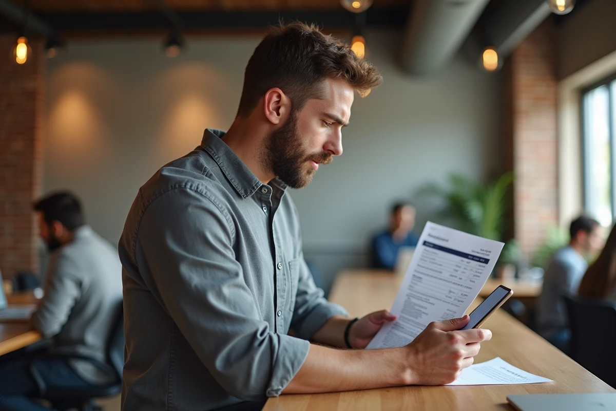 Chef d'entreprise consultant ses relevés bancaires OLINDA sur smartphone dans un espace de coworking