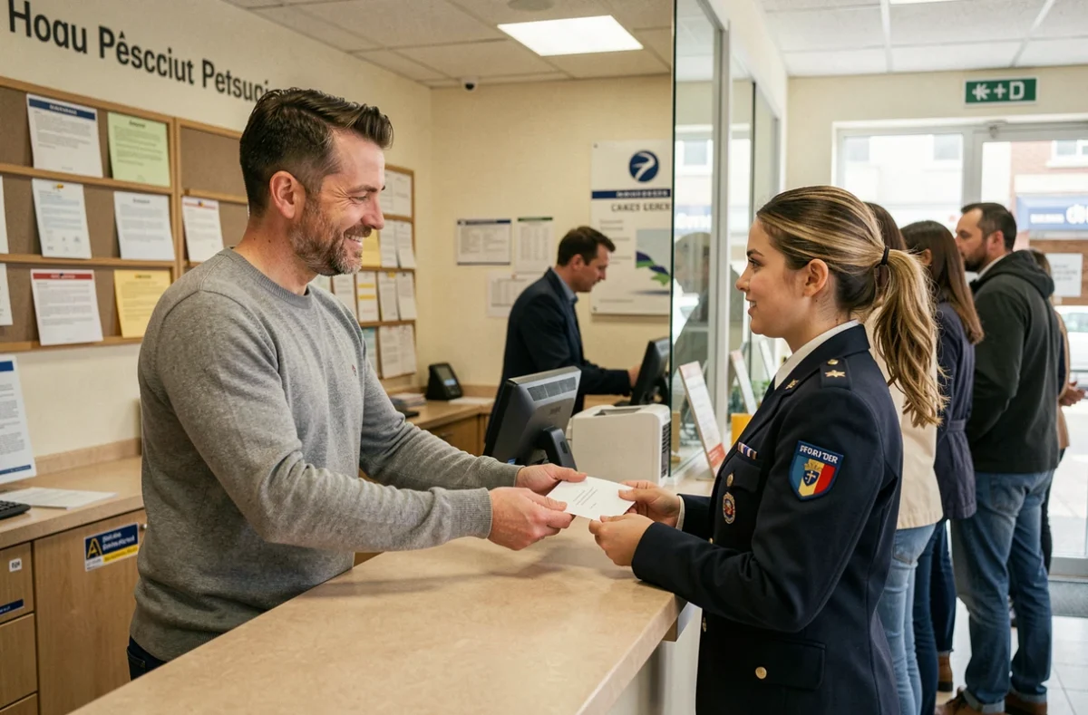 Homme envoyant une feuille de soins à la Mutuelle Générale dans un bureau de poste