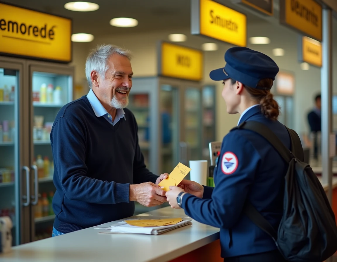 Homme envoyant une lettre recommandée de résiliation d'assurance au bureau de poste