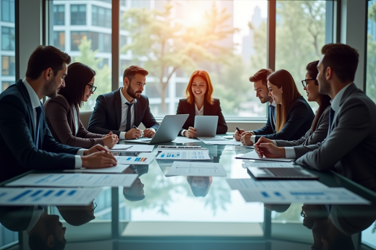 Groupe de professionnels en réunion dans un bureau lumineux