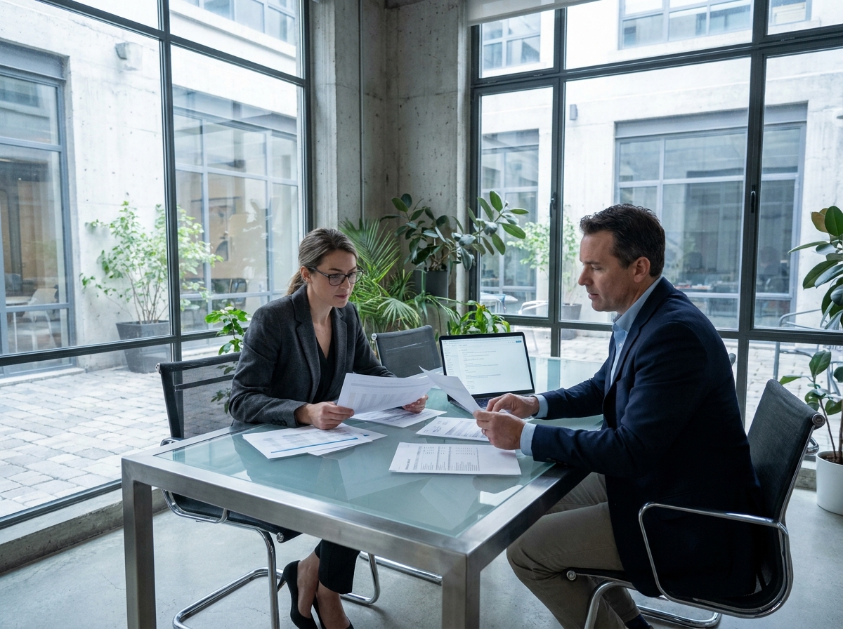 Comptable experte et dirigeant d'entreprise parisien analysant ensemble des documents financiers en réunion