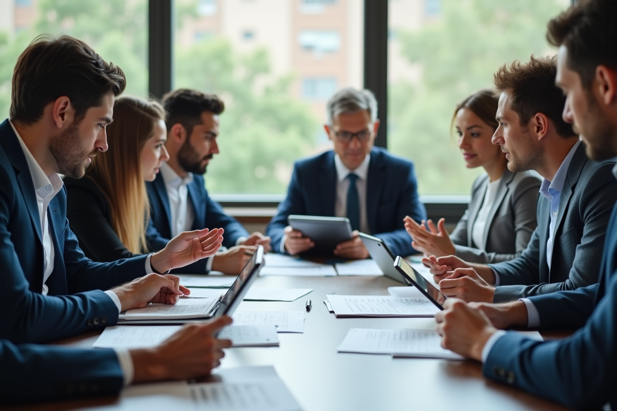 Groupe de professionnels discutant de documents de cryptomonnaie en réunion