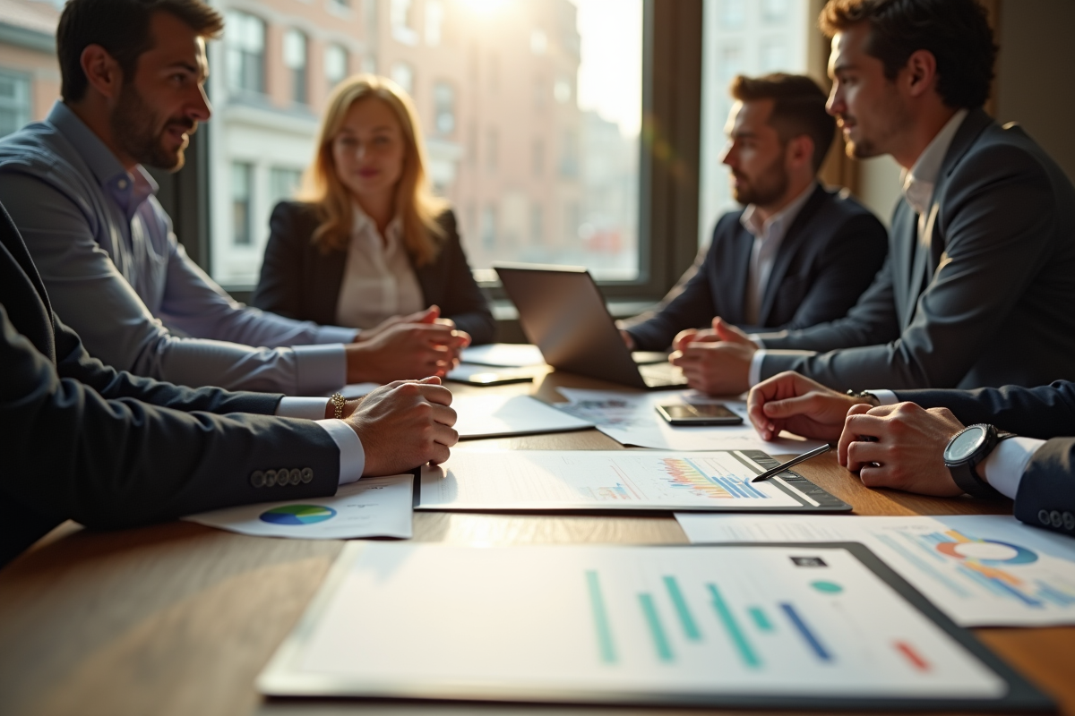 Groupe de professionnels financiers discutant autour d