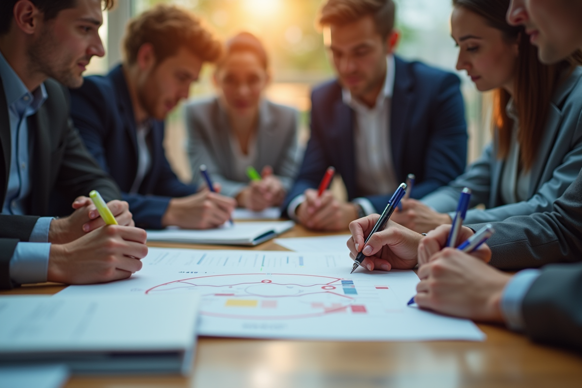 Groupe de professionnels analysant un plan d