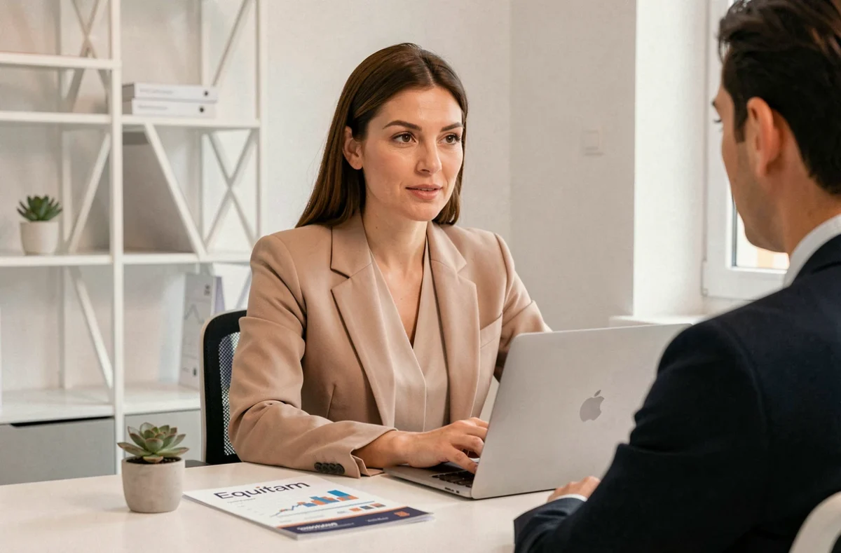 Conseillère d'Equitam en consultation patrimoniale dans un bureau épuré et moderne