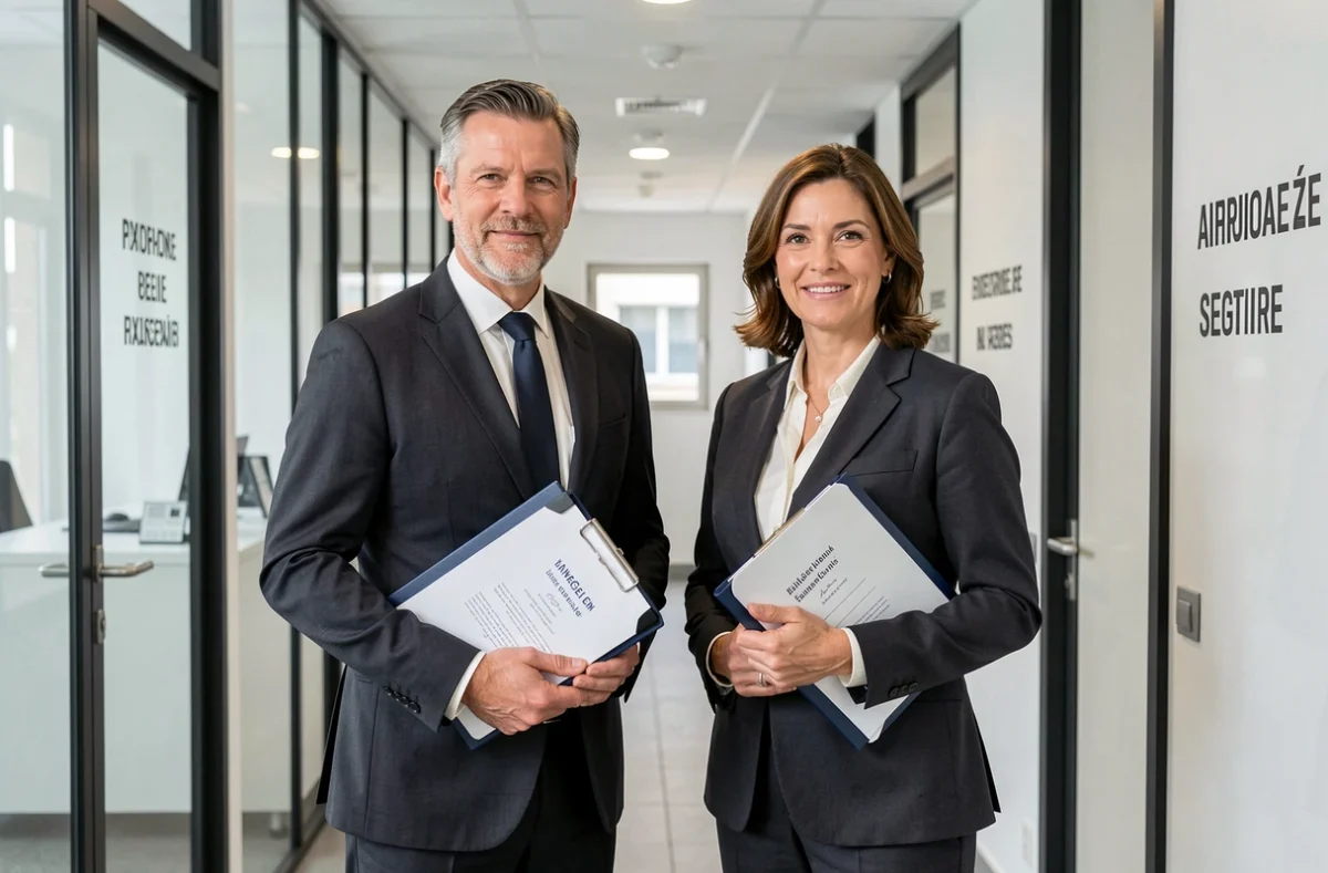 Les notaires Eric Beringer et Marie Gereec côte à côte dans le couloir de leur cabinet notarial contemporain