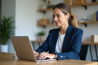 Femme utilisant l'espace client CMB sur un ordinateur portable dans un bureau à domicile moderne