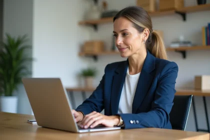 Femme utilisant l'espace client CMB sur un ordinateur portable dans un bureau à domicile moderne
