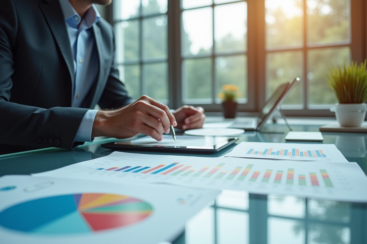 Espace de travail moderne avec analyste financier et graphiques colorés