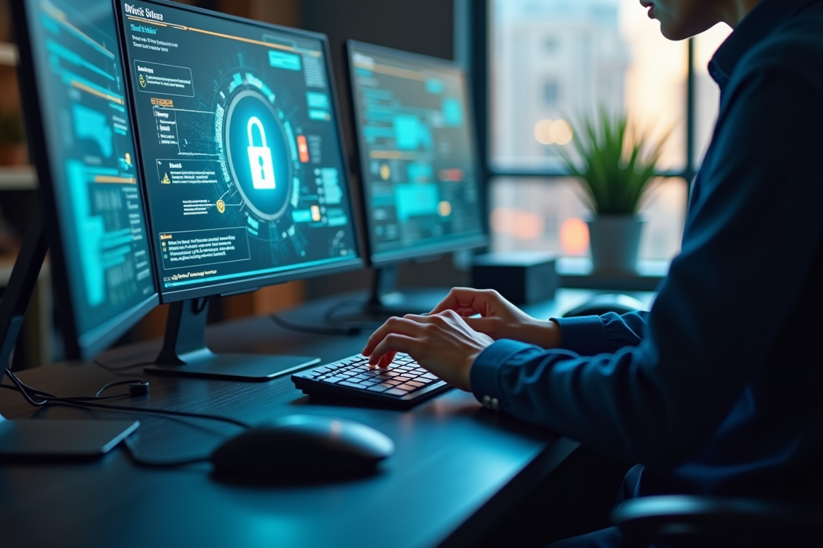 Personne devant un bureau moderne avec interface holographique de connexion