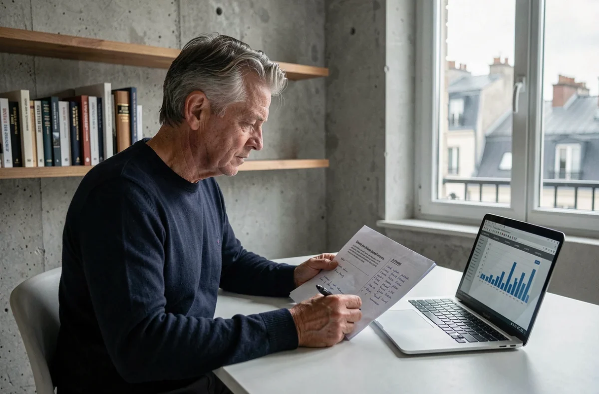 Homme étudiant des documents de stratégie fiscale liée au démembrement de parts de SCPI dans son bureau à domicile
