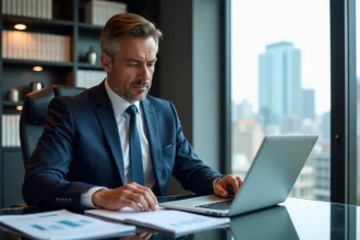Homme executif en costume navy analyse documents dans un bureau