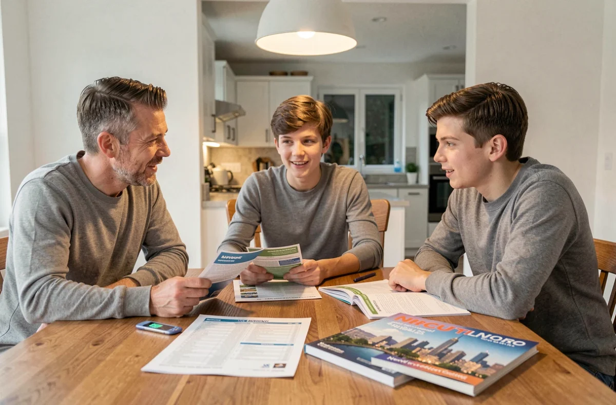 Famille réunie autour d'une table pour comparer des assurances voyage avant un départ aux États-Unis avec brochures et guide de New York