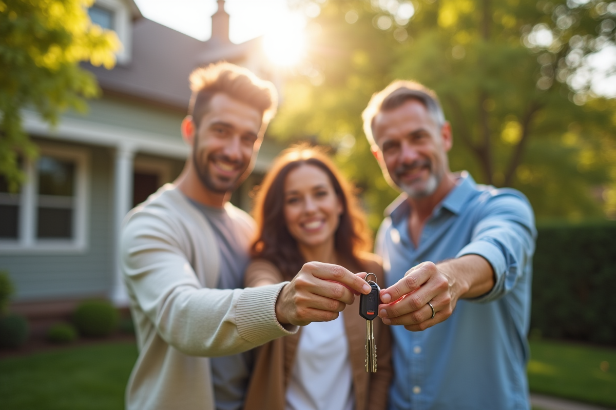 Famille heureuse devant une maison avec clés en main
