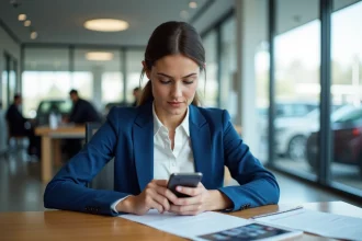 Femme en blazer bleu consulte un reçu digital en concession