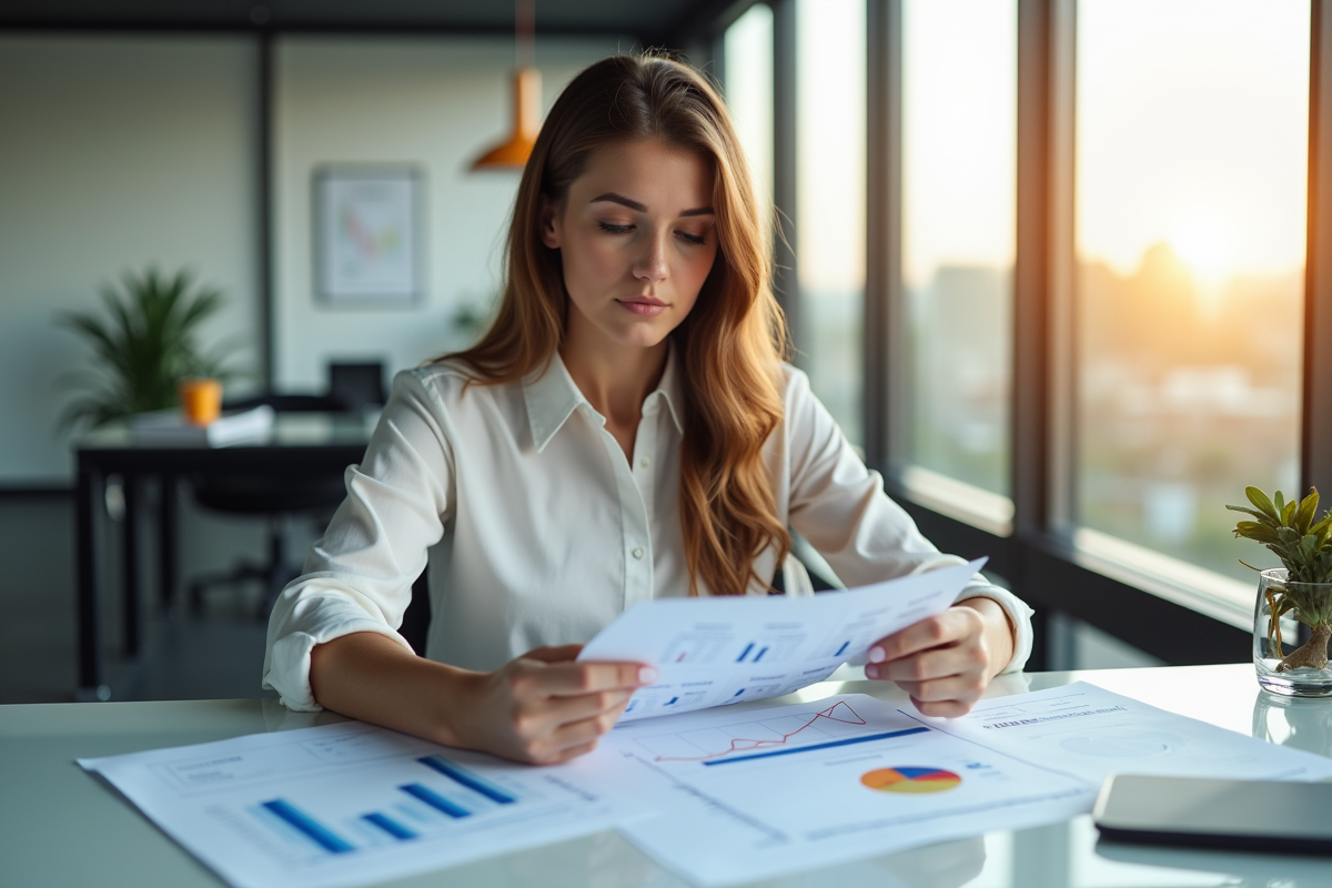 Femme d'affaires analysant des graphiques financiers dans un bureau lumineux
