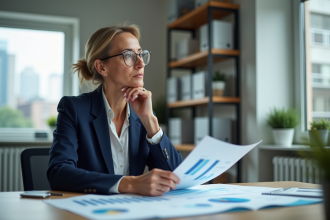 Femme d'affaires en réunion analysant des graphiques financiers
