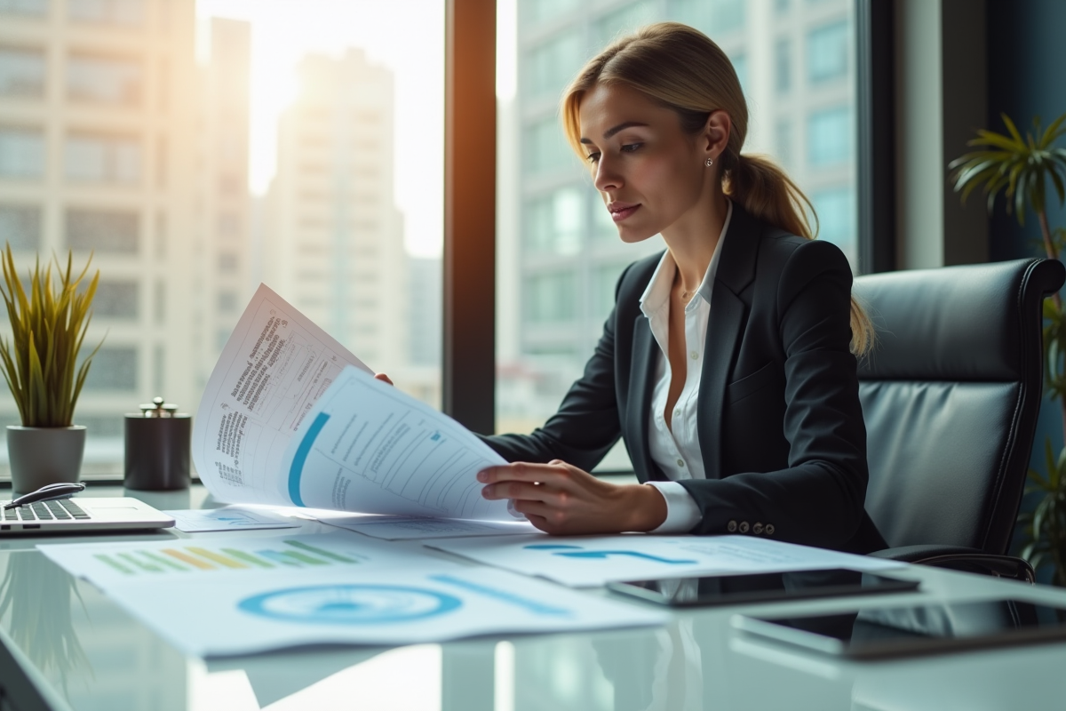 Femme d'affaires confiante examinant des documents d'assurance