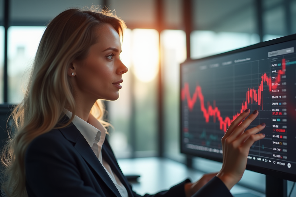 Femme d'affaires analysant des graphiques financiers en bureau lumineux