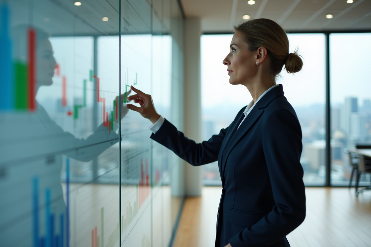 Femme d'affaires examinant un graphique financier dans un bureau moderne