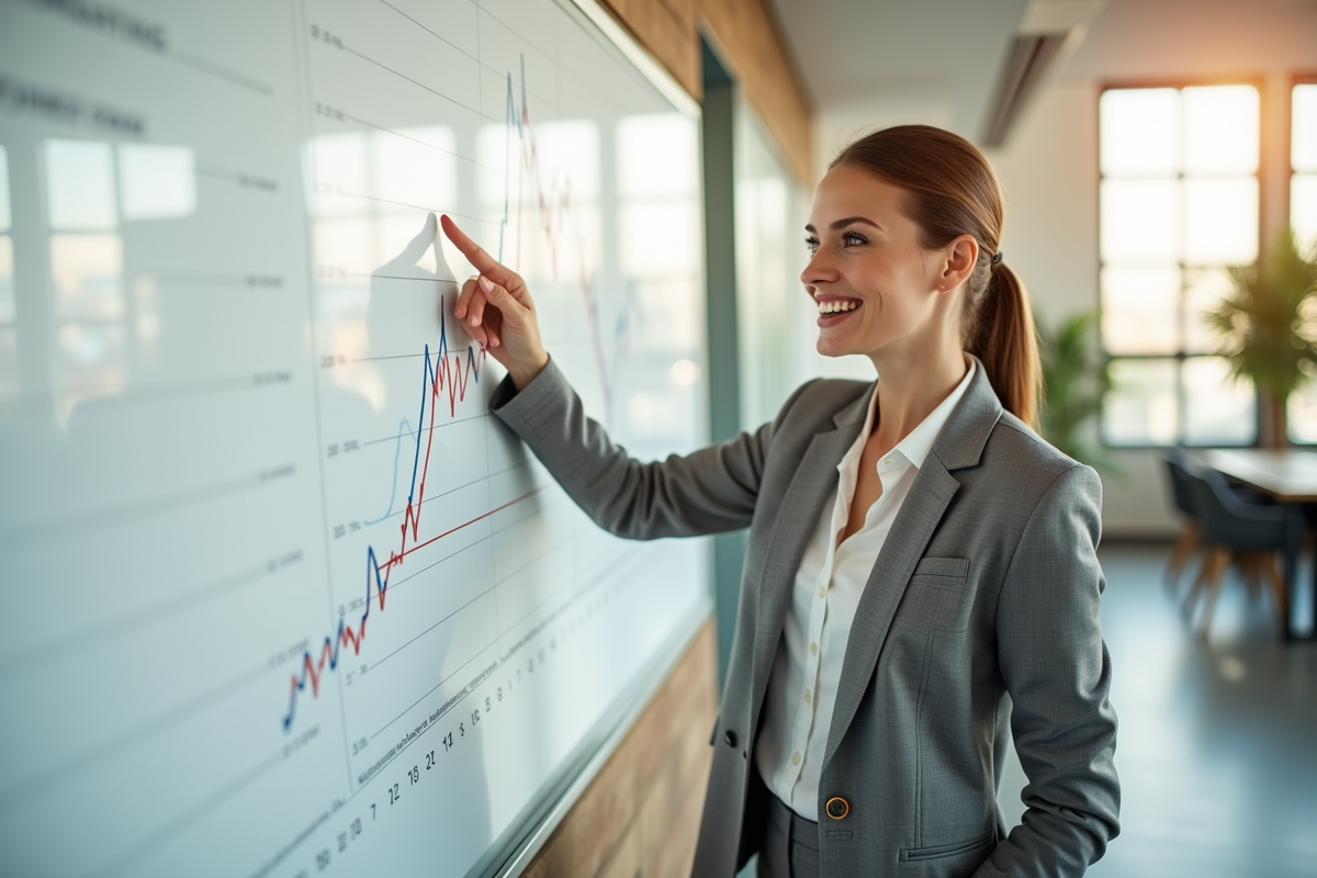 Femme d'affaires confiante pointant un graphique financier lumineux