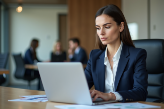 Femme d'affaires en réunion analysant des documents