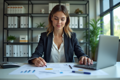 Femme d affaires en r&eacute;union dans un bureau moderne