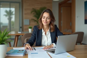 Femme d'affaires examinant des documents de prêt immobilier