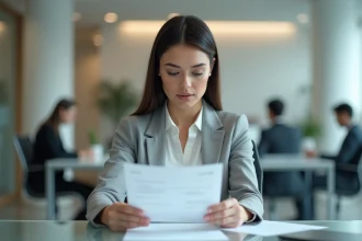 Femme professionnelle analysant sa fiche de paie dans un bureau moderne, illustrant la différence entre salaire brut et net