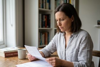 Femme analysant un livret d'épargne et des documents bancaires à son bureau à domicile