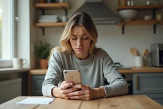 Femme frustrée vérifiant son smartphone sans réponse, illustrant un appel Cofidis bloqué ou sans sonnerie