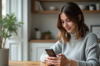 Femme utilisant l'application LCL Mes Comptes sur son smartphone dans une cuisine moderne