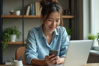 Femme utilisant l'application PayPal sur smartphone à son bureau à domicile pour effectuer un paiement en ligne